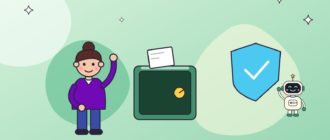 Девушка подняла руку рядом с зелёным сейфом, на котором лежит лист документа, рядом большой голубой щит с галочкой и машущий робот